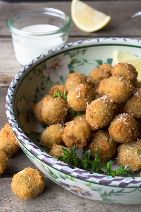 Fried Olives with a lemony garlic aioli @The View from Great Island Fried Olives Air Fryer, Hot Olives Appetizer, Pioneer Woman Fried Olives, Fried Olives Pioneer Woman, Olive Balls Appetizers, Fried Green Olives, Deep Fried Olives, Warm Olives Appetizers, Breaded Olives