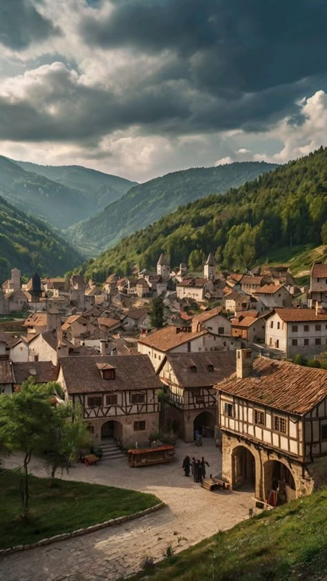 Mountain Kingdom Aesthetic, Medieval Cottage Aesthetic, Medieval Village Aesthetic, Town In Mountains, Medieval Castle Art, Ancient Germany, Medieval Landscape, Medieval Forest, Village Forest