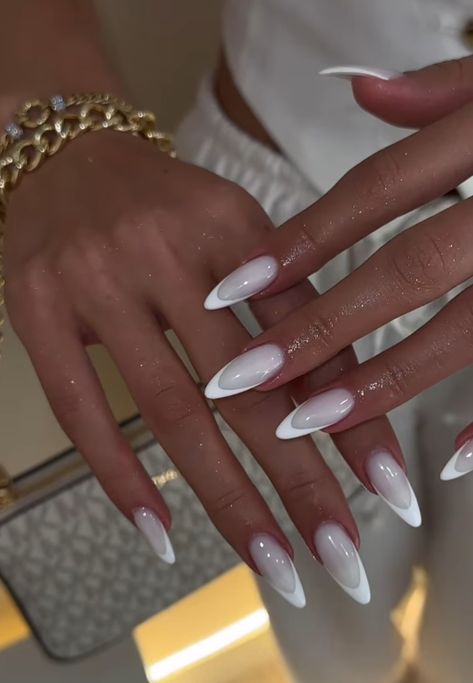 New French Tip Nails, White Inspo Nails, French Tip Unique, Engagement Nails French Tip, White On White French Tip Nails Almond, Neutral Almond Nails With Design, Long White Chrome Nails, Modern French Nails Almond, Chrome White Nails French Tip