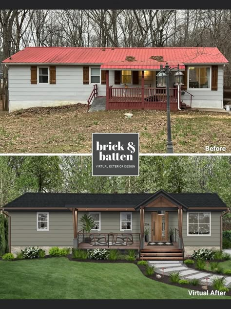 Double Wide Front Porch Ideas, Mobile Home Front Door, Manufactured Home Exterior, Mobile Home Siding, Mobile Home Landscaping, Manufactured Home Porch, Double Wide Remodel, 2023 Color Of The Year, Gabled Roof