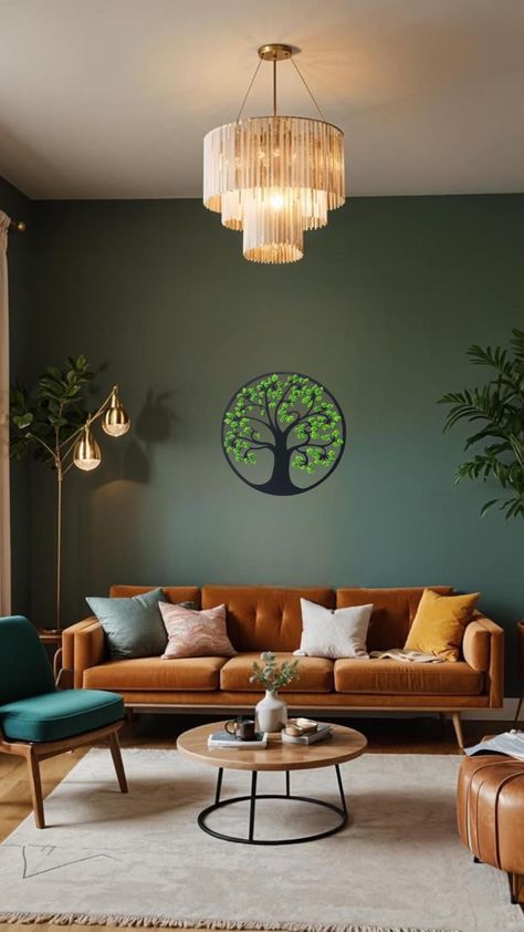 Round Metal Tree of life with preserved moss, Large Green wall tree of life, Aesthetic living room wall home decor, Circle metal tree One of the trends in interior design is the decor with the use of stabilized moss is tree with preserved moss MATERIAL We are developing trend eco-decor from stabilized moss and metal.  📌And that's why we are the best: -We make for you a convenient size of the decor. Also, we can change the color of wood or moss to each of the 30 shades in the palette. -Make free visualization on the wall. You only need to send the size and photo of the wall or the place where the decor will be. -Preserved moss doesn't need any care. You just need to maintain humidity 40-60% and avoid direct sunlight and heater devices near moss. -We can put your logo, symbol, and inscripti Best Living Room Colors Cozy, Interior Design Boho Modern, Mid Century Colorful Living Room, House Paint Ideas Interior Living Room, Inspired Modern Living Room, Living Room Color Designs, Mid Century Modern House Aesthetic, Boho House Decor Living Rooms, Color Decor Living Room