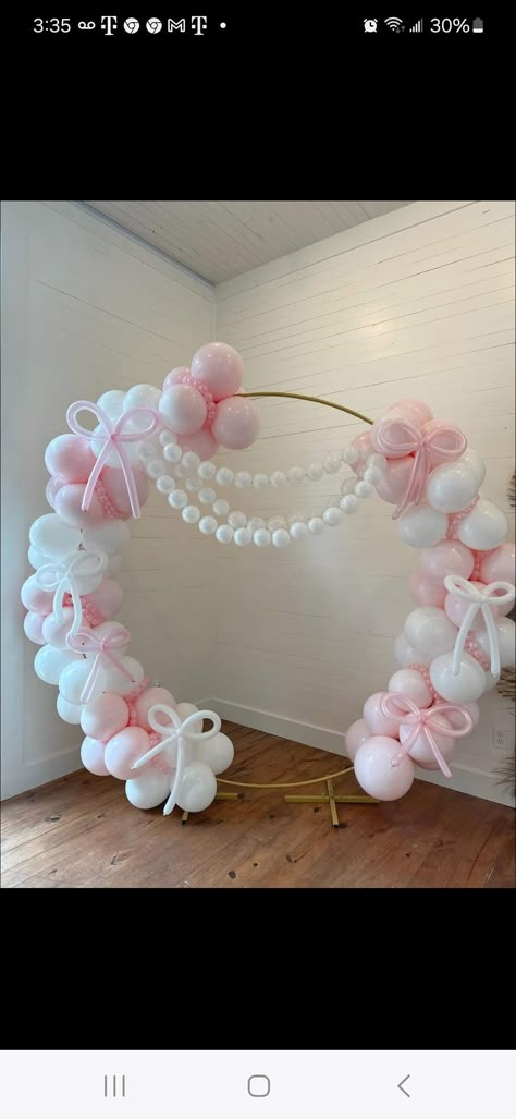 Circle Balloon Arch 1st Birthday, Balloon Arch 16 Birthday, Pink Tiffany And Co Party, Balloon Backdrop Ideas Birthday, Pink And Pearls Birthday Party, Coquette Centerpiece Ideas, Croquette Birthday Decorations, Pink Bow 1st Birthday, Pink 18th Birthday Party Decorations