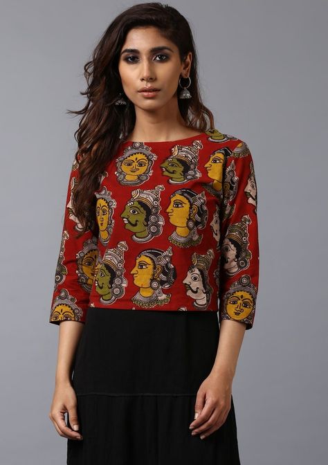 Kalamkari Crop Top, Kalamkari Tops, Kalamkari Blouse Designs, Short Kurti Designs, Cotton Short Tops, Cotton Tops Designs, Kalamkari Dresses, Kalamkari Designs, Simple Kurta Designs