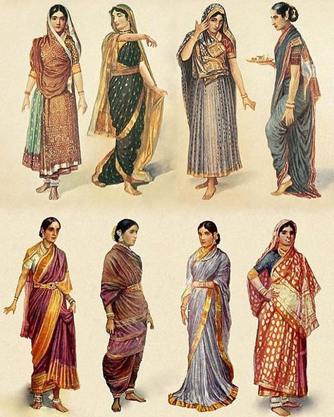 38 Likes, 1 Comments - sarinista  | desi app bazaar (@sarinista) on Instagram: “Illustration of different styles of sari, gagra choli & shalwar kameez worn by women in South Asia.…” Hindu Clothing, Ancient Dress, India Culture, Vintage India, Shalwar Kameez, Historical Costume, Historical Dresses, South Asia, India Fashion