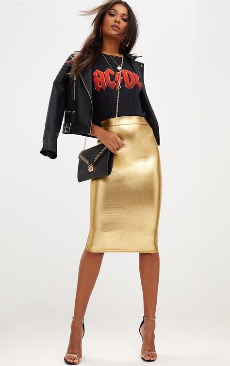 Gold Metallic Midi SkirtAdd some metallic to your look with this midi skirt - In a gold metallic ... Gold Skirt Outfit Metallic, Gold Skirt Outfit, Black Midi Skirts, Metallic Skirt Outfit, Gold Metallic Skirt, Metallic Midi Skirt, Leather Skirt Outfit, Outfit Looks, Knee Length Skirts