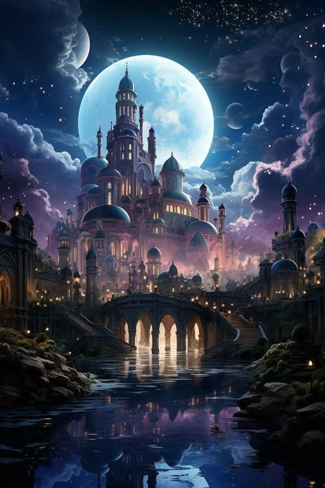 Moon Palace Fantasy Art, Moon City Fantasy Art, Fantasy Palace Art, Fantasy Kingdom Cities, Fantasy Kingdom Aesthetic, Forest Animated, Moon Castle, Kingdom City, Moon Kingdom