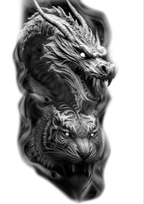 Tiger With Dragon Tattoo, Tiger Statue Tattoo, Dragon Tattoo Ideas Men, Dragon Tattoo Reference, Dragon Tiger Tattoo Design, Dragon And Tiger Tattoo Design, Japanese Dragon And Tiger Tattoo, Dragon Realism Tattoo, Realistic Japanese Dragon