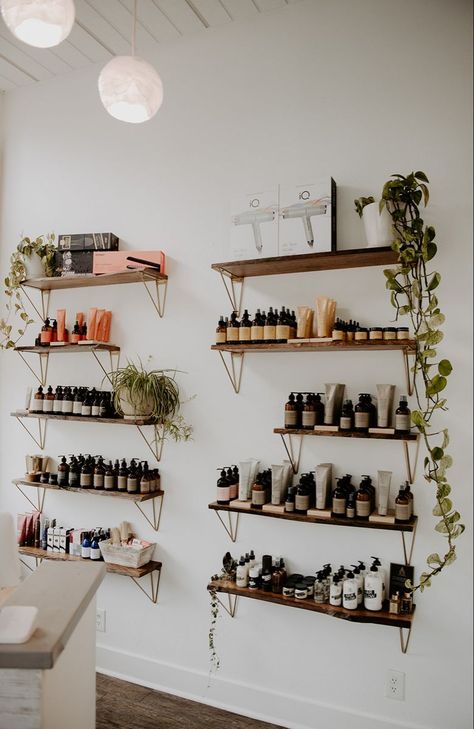 Home Goods Boutique, Holistic Room Decor, Floating Shelves Salon Retail, Esthetics Room Decor Interior Design, Skin Care Retail Display, Spa Room Wall Decor, Holistic Salon Decor, Skincare Salon Decor, Esthetician Shelves