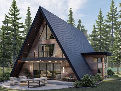 050H-0465: Two-Story A-Frame House Plan; 2007 sf Modern A Frame Cabin, A Frame Cabin Plans, A Frame Cabins, A Frame House Plans, Frame Cabin, Cabin House Plans, Casas The Sims 4, Cedar Siding, Tiny Cabins