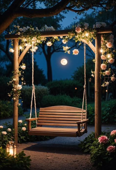 Beautiful Courtyard Gardens, Cottage Garden Lights, Night Garden Aesthetic, Swing In Garden, Magic Garden Aesthetic, Cottage Garden Aesthetic, Aesthetic Gardens, Diy Garden Landscaping, Backyard Aesthetic