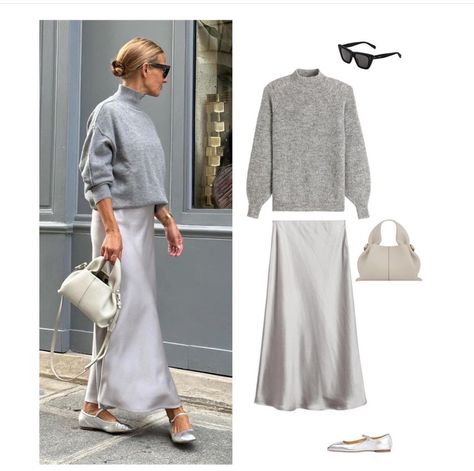 Grey Dress Outfit Casual, Silky Skirt Outfit, Grey Maxi Skirt Outfit, Silk Maxi Skirt Outfit, Silver Skirt Outfit, Satin Skirt Outfit Winter, Grey Skirt Outfit, Silver Skirt Outfits, Silver Dress Outfit