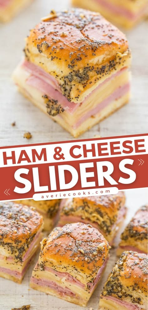 Ham and Cheese Sliders on Hawaiian Rolls - Averie Cooks Ham Sandwich Ideas, Ham Sliders Recipes, Sliders Recipes Hawaiian Rolls, Twice Cooked Pork, Ham Cheese Sliders, Ham Sliders, Hawaiian Roll Sliders, Rolled Sandwiches, Sliders Recipes