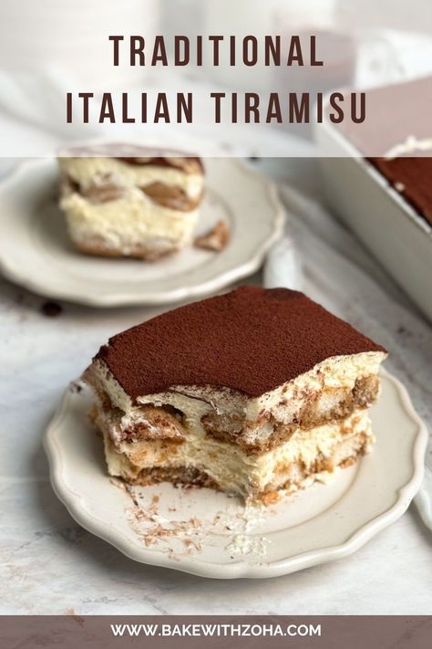 This authentic Italian tiramisu recipe is simple, easy, and made without alcohol, making it perfect for any holiday gathering, party, or any occasion where you're feeding a crowd. With just the right ratio of ladyfingers to mascarpone cream, this traditional dessert is quick to prepare, ensuring a delightful sweet treat. Head to bakewithzoha.com for the full recipe. Tiramisu Recipes Easy, Home Made Tiramisu, Tiramisu With Alcohol, Italian Tiramisu Authentic, Tiramisu With Kahlua, Classic Italian Tiramisu, Tira Misu Recipe, Tiramisu Ladyfingers Recipe, Gf Tiramisu Recipe