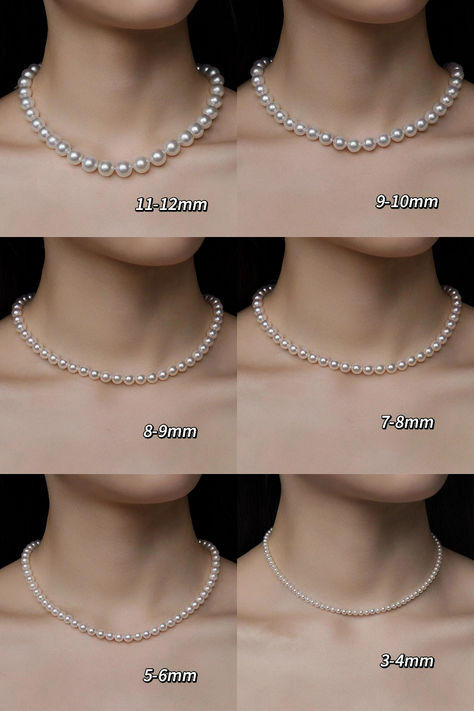 How does different size of pearl necklace look on neck? Pearls Jewelry Aesthetic, How To Make A Pearl Necklace, Elegant Pearl Necklace, Neck Beads Design, Perl Neckles, How To Style Pearl Necklace, Peral Necklace, Pearl Necklace Diy, White Beads Necklace