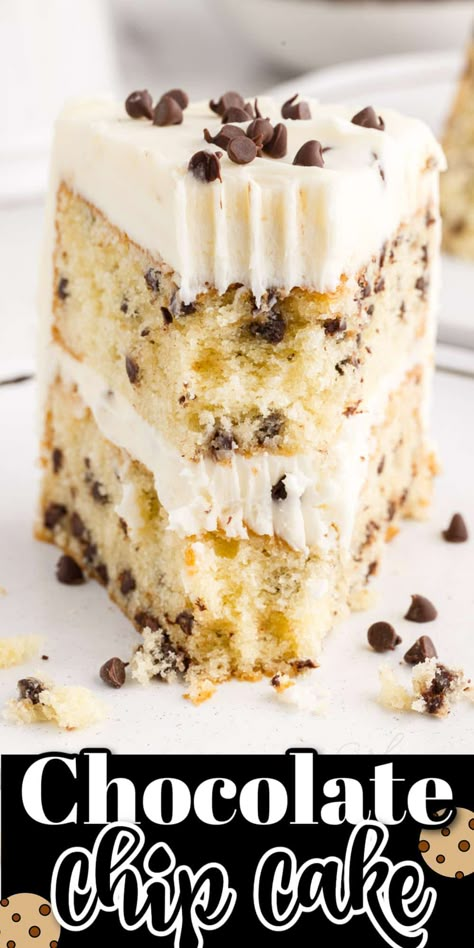 This is the best chocolate chip cake you have ever tasted! It's a two layer moist vanilla cake with chocolate bits throughout, and smothered with fluffy homemade chocolate chip buttercream made with pantry staples. Chocolate Chip Cake Recipe, Fluffy Layers, Baked Dessert, Moist Vanilla Cake, Homemade Chocolate Chips, Chocolate Chip Cake, Moist Cake, Buttercream Icing, Moist Cakes