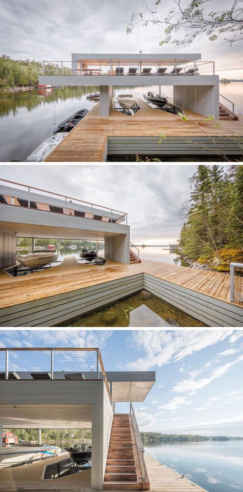 Modern Boathouse, Lake In Canada, Boathouse Design, Lake Of The Woods, House Pics, Commercial And Office Architecture, Lake Dock, Lakefront Living, Beach Bungalow