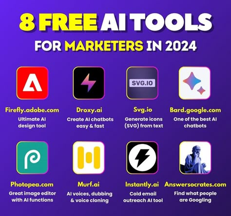 8 Free Ai Tools For Marketers In 2024 #aitools #aimarketing#marketingtools #marketing #marketingtips #marketingstrategy #marketingdigital #marketingideas #marketingplan #digitalmarketing #marketingsocial #marketingonline #marketinglife #marketingconsultant #marketingagency Data Science Learning, Social Media Automation, Secret Websites, Business Marketing Plan, Online Business Tools, Small Business Advice, Life Hacks Websites, Computer Basics, Social Media Marketing Tools