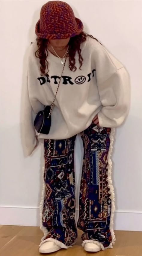 #cozy #streetwearaesthetic #buckethat #cute #styleinspo #soft #fringepants #black #red Link in pin! (Amazon) Link in bio for full outfit! Tapestry Pants, Cozy Streetwear, Earthy Outfits, Streetwear Aesthetic, Teenage Fashion, Mode Inspo, Streetwear Fashion Women, Tomboy Fashion, Womens Casual