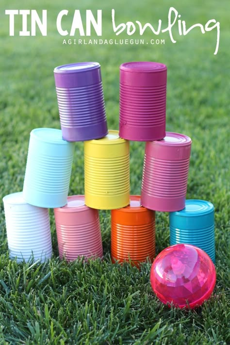 tin can bowling--fun upcycle game for kids to play Backyard Activities, Outside Games, Outside Fun, Easter Games, Outdoor Games For Kids, Outdoor Activities For Kids, Yard Games, Backyard Games, Diy Games