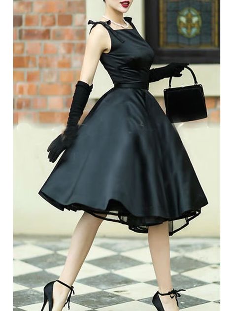 A-Line Cocktail Dresses 1950s Dress Graduation Tea Length Sleeveless Square Neck Satin with Sash / Ribbon Bow(s) Pure Color 2023 2023 - US $148.99 Vintage Inspired Dresses Formal, Unique Vintage Dress, Black Dress With Bows, Vintage Dress 50s, Cocktail Dress Elegant, 1950s Party Dresses, Pleated Skater Dress, Sparkle Prom Dress, Plus Size Vintage Dresses