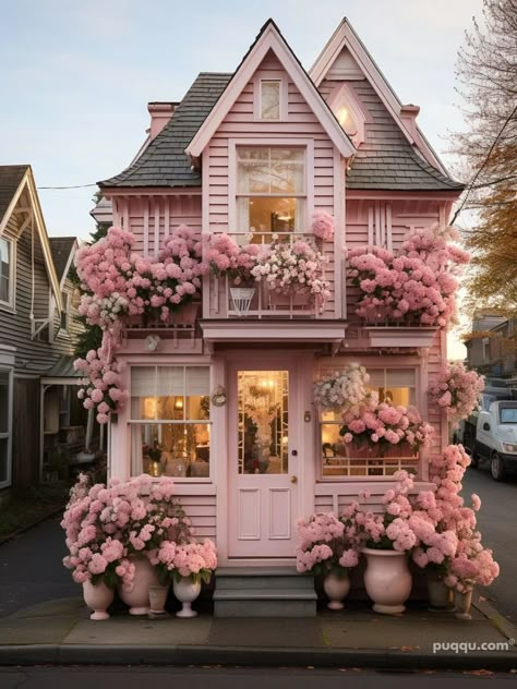 Pink Tiny Houses: Discover Charming Small Homes - Puqqu Pink House Exterior, Redecorate Room, Front Landscape, Cozy Romantic, Pastel Home, Cozy Cottages, Lovers Lane, Pink Cottage, Pastel House