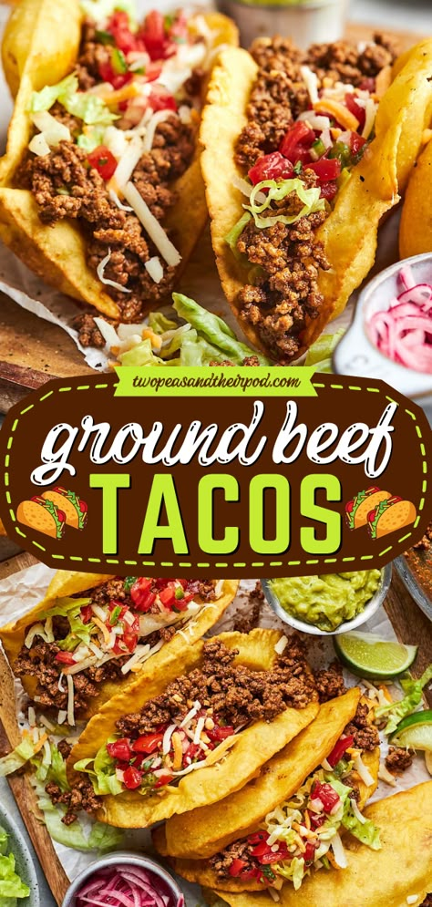 Want the best appetizer idea? These Ground Beef Tacos are made with homemade taco seasoning! The taco meat is juicy, full of flavor, and served in crispy taco shells. Pin this simple dinner recipe for tonight! Best Taco Meat Recipe, Best Taco Meat, Recipe For Ground Beef, Tacos Al Vapor, Soft Tacos Recipes, Taco Recipes Ground Beef, Taco Meat Recipe, Crispy Taco Shells, Beef Tacos Recipes