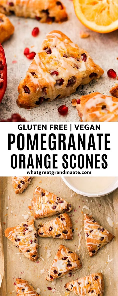 These gluten free and vegan pomegranate orange scones are flaky and bettery, and go perfectly with a hot cup of coffee! You can even substitute pomegranate with cranberries if you want, and they are perfect for a holiday brunch. Pomegranate Baked Goods, Baking With Pomegranate Seeds, Pomegranate Vegan Recipes, Recipes Using Pomegranates, What To Make With Pomegranate, Frozen Pomegranate Recipes, Pomegranate Baking, Pomagranet Recipe Dessert, Vegan Pomegranate Recipes