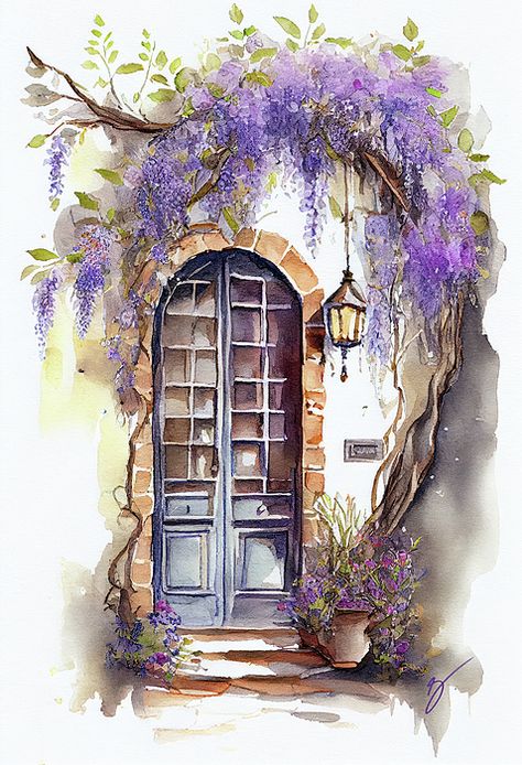 Gateway of Happiness, by Greg Collins Unique Landscaping, Nature And Architecture, Artwork Unique, Watercolor Paintings Nature, Watercolor Architecture, Sketchbook Drawings, Diy Watercolor Painting, Watercolor Flower Art, Watercolor Landscape Paintings