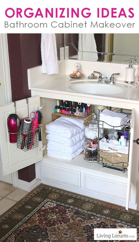 20 Bathroom Organization Ideas via A Blissful Nest, Declutter the Bathroom Cabinet by Living Locurto Bathroom Cabinet Makeover, Bilik Air, Diy Bathroom Storage, Kabinet Dapur, Bathroom Storage Solutions, Decor Baie, Cabinet Makeover, Organizing Ideas, Cabinet Organization