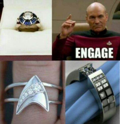 Geek engagement rings Nerdy Facts, Nerdy Wedding Ideas, Geek Engagement Rings, Nerdy Wedding, Geek Wedding, Dream Rings, Aliens Funny, Cute Engagement Rings, Star Trek The Next Generation