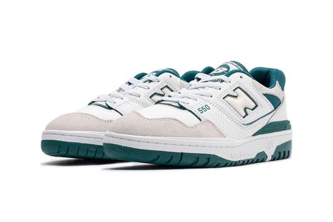 New Balance 550 Arrives in a New "White/Green" | Hypebeast Navy Blue New Balance, New Balance 550 White, N Logo, Balance 550, Retro Basketball Shoes, Retro Basketball, Popular Sneakers, Vintage Indigo, Navy Shoes