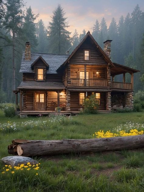 3 Story Cabin, Log Cabin In Forest, Two Story Cabin, Wood Cabin Mansion, Log Home With Stone Foundation, Woods Cabin, 2 Story Log Cabin, Log Cabin With Chinking Exterior, Cabin Rustic