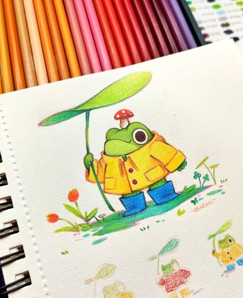 cute frog toad rain magical whimsical kidlit illustration of a colorful frog mushroom on the head holding a green leaf plant surrounded by orange tulips made with colored pencils on a sketchbook by chetom Pencil Inspiration, Traditional Illustration, Color Pencil Illustration, Frog Illustration, Frog Drawing, Yellow Raincoat, Frog Art, Marker Drawing, Cute Doodle Art