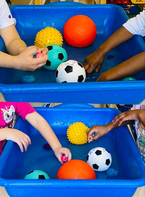 Ball Study Sensory Table, Sport Week Preschool, Ball Curriculum For Preschool, Balls Lesson Plan Preschool, Sensory Sports Activities, Ball Study Creative Curriculum Bulletin Board, Sports Themed Crafts For Toddlers, Baseball Sensory Bin, Balls Creative Curriculum