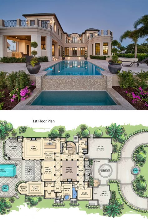 The luxurious outdoor area offers a custom swimming pool surrounded by the beautiful landscaping of the property. This 2 story Tuscan house plan includes 5 bedrooms and 5.1 bathrooms. See more of the interior design of this deluxe Tuscan style mansion home. View the full floor plan and get the blueprint at: https://www.thehousedesigners.com/plan/grand-royale-7275/  #blueprint #floorplan #2story Spanish House Plans, Mansion Plans, Tuscan Style Homes, Luxury Houses Mansions, House Plans Mansion, Mansion Floor Plan, Spanish Home, Casas The Sims 4, Villa Plan