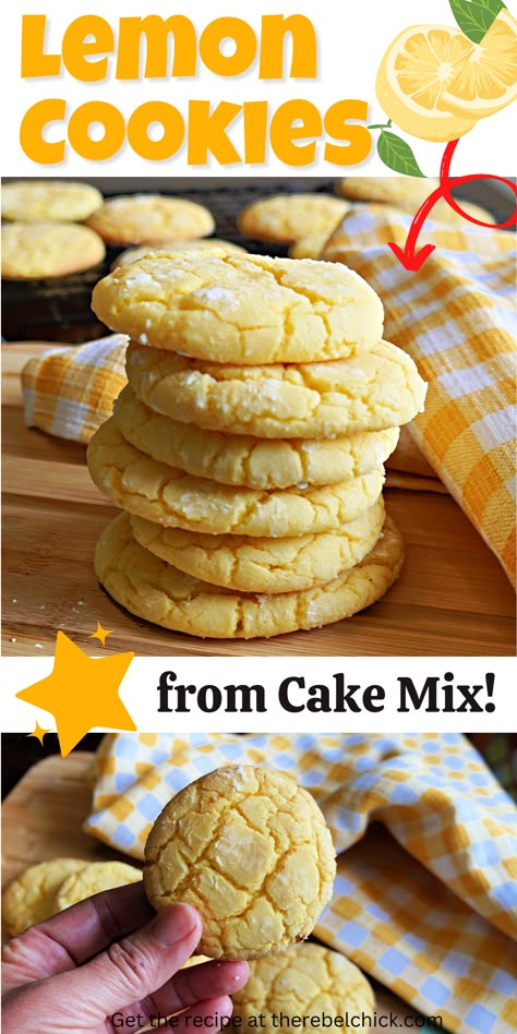 We love using cake mixes to make quick and easy baked goods, like these moist and delicious Lemon Cookies From Cake Mix! Our Cake Mix Lemon Cookies are so light and airy, and bursting with a nice, soft lemon flavor. #cakemix #cookies #lemon #duncanhines #sugar #Easycookies #boxmix Lemon Cake Cookies, Lemon Cake Mix Cookies, Lemon Cookies Easy, Lemon Cake Easy, Chocolate Cake Mix Cookies, Lemon Cookies Recipes, Cake Mix Cookie Recipes, Lemon Cake Mixes, Crinkle Cookies