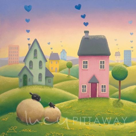 Naive Art by Lucy Pittaway Lucy Pittaway, House Quilt Block, Sheep Art, Cottage Art, House Quilts, Uk Artist, Naive Art, British Artist, Art Club