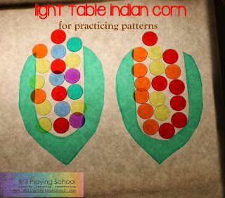 Indian Corn Patterns on the Light Table from Still Playing School Glow In The Dark Activities, Corn Activities, Fall Activities For Kindergarten, Preschool Light Table, Playing With Shadows, Light Box Ideas, Reggio Children, Vegetable Crafts, Light Table Activities