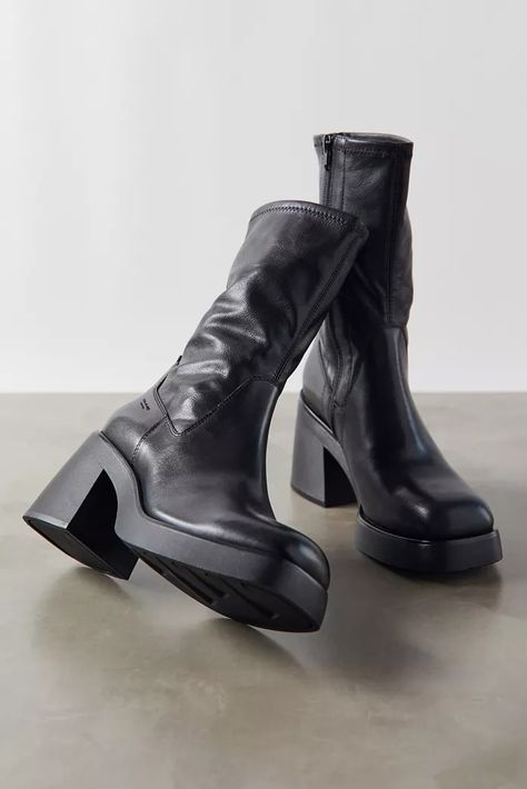 Women's Boots | Flat + Heeled Boots | Urban Outfitters Black Ankle Boots Platform, Calf High Boots Platform, Black Boots Chunky Heel, Tall Black Boots Platform, Black Ankle Chunky Boots, Square Toe Platform Boots, Black Platform Boots Outfit, Flat Platform Boots, Platform Black Boots