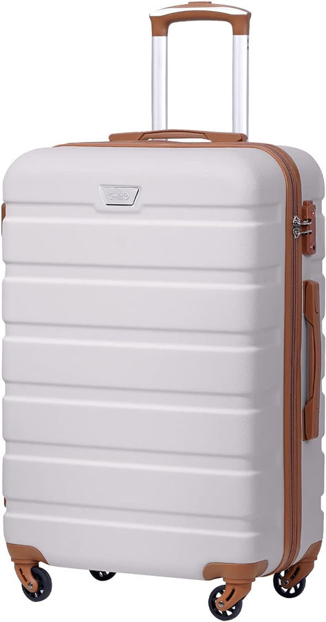 COOLIFE Suitcase Trolley Carry On Hand Cabin Luggage Hard Shell Travel Bag Lightweight with TSA Lock and 2 Year Warranty Durable 4 Spinner Wheels (White/Brown, S(56cm 38L)) Baby Luggage, Computer Gifts, Cabin Luggage, Luggage Brands, Luggage Store, Suitcase Packing, Vintage Luggage, Luggage Sets, Fashion Toys