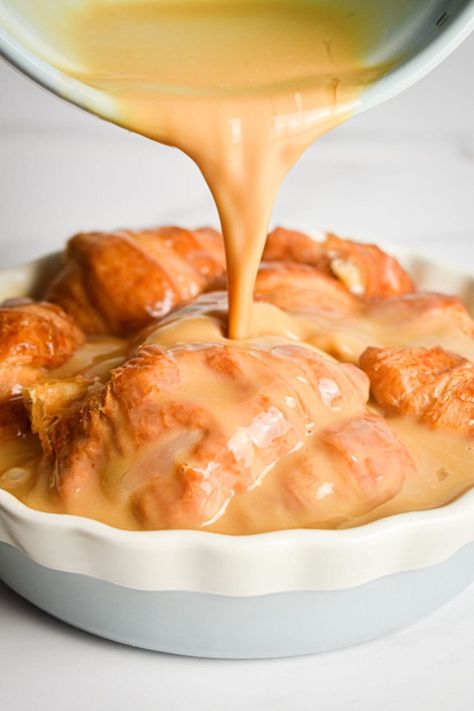 Bananas Foster Croissant Bread Pudding - Food Plus Words Bananas Foster Bread Pudding, Banana Foster Bread Pudding, Banana Foster Bread, Croissant Bread Pudding Recipe, Bananas Foster Bread, Bread Pudding With Caramel Sauce, Banana Foster Recipe, Rum Caramel, Croissant Bread Pudding