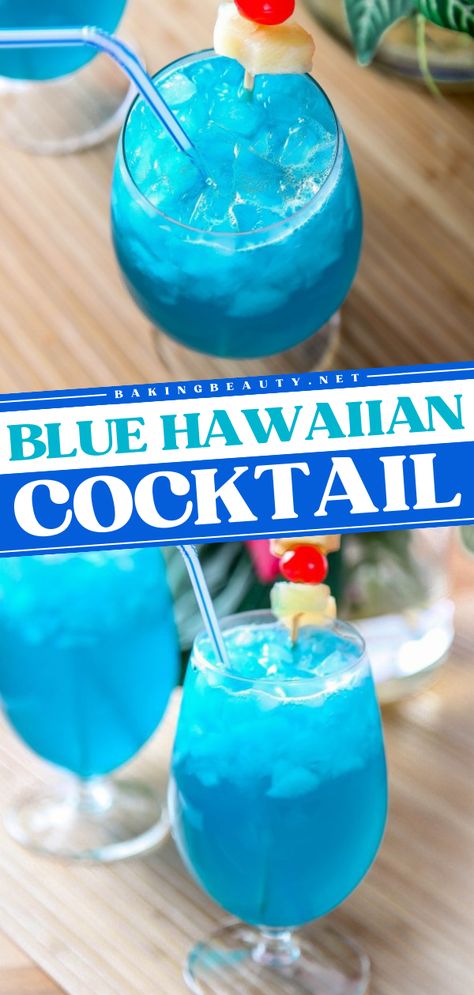 Want an easy 4th of July drink? A pitcher or punch of this simple blue Hawaiian recipe is what you need! With pineapple and coconut flavors, this blue curacao drink has a refreshing tropical vibe. This summer cocktail idea also has a non-alcoholic version! Blue Mixed Drinks Alcohol Hawaiian Punch, Blue Hawaiian Cocktail Recipes, Tropical Drinks Recipes Alcohol Easy, Blue Hawaiian Punch Recipe Alcohol, Blue Hawian Alcohol Drinks, Blue Curacao Drinks Coconut Rum, Blue Curacao Drinks Easy Recipes, Paradise Punch Cocktail, Blue Acholol Punch