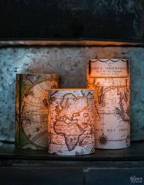 Create gorgeous diy home decor on a budget to sooth your inner wanderlust. Maps are a great way to decorate your home beautifully and on a budget. #diyhomedecor #decor #home #diyhome #maps #wanderlut #traveler #travel #diyhomedecor Candle Makeover, Decoupage Candles, Dollar Store Candles, Sore Loser, Map Crafts, Nautical Diy, Antique World Map, Map Ideas, Deco Nature