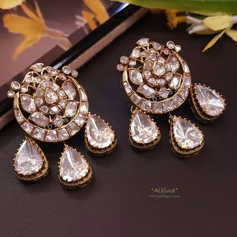 #albina #moissanite #polki #earrings #polkiearings #baali #handmade #bridal #bridejewellery #weddingjewellery #jewelry #uniqueearings #earings #occasionwear #semiprecious #stones #silver #royallook #partywear Kundan Polki Earrings, Polki Earrings Studs, Polki Studs, Womens Rings, Bridal Jewelry Vintage, Diamond Earrings Design, Fancy Jewelry Necklace, Polki Earrings, Handmade Gold Jewellery