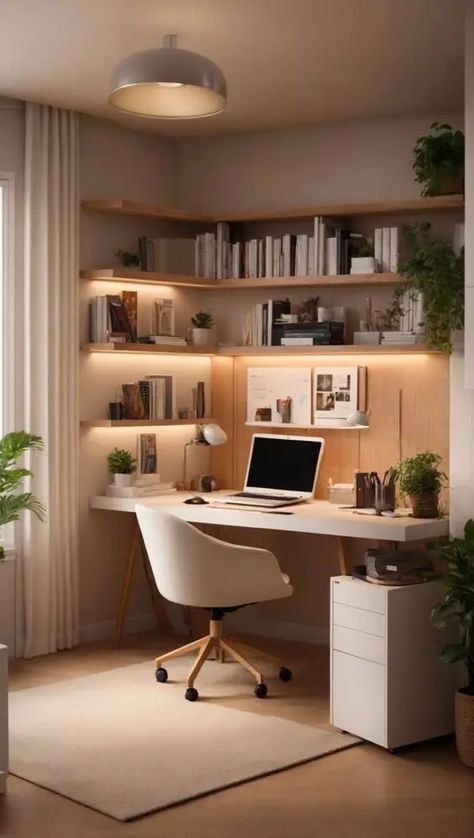 Home Study Rooms, Tiny Office, Small Office Design, Small Space Office, Cozy Home Office, Corner Office, Home Office Ideas, Study Room Decor, Small Home Office