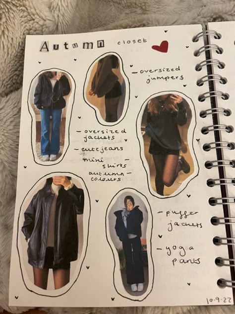 Outfit Inspo Journal Page, Scrapbook Ideas Fashion, Scrapbooking Inspo Aesthetic, Craft Girl Aesthetic, Autumn Journal Page, Downtown Girl Journal Ideas, Fashion Scrapbook Ideas, Autumn Journal Ideas, Downtown Journal