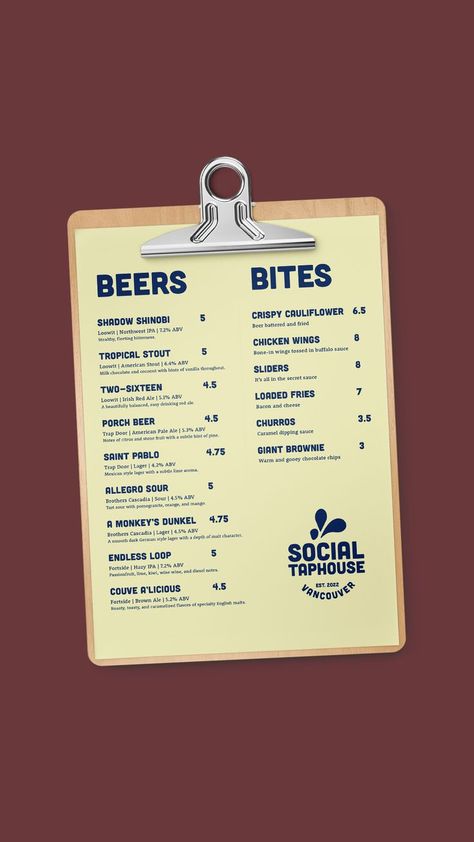 Menu for Social Taphouse. Menu design. Local breweries, beer, pub house, restaurant, public house, graphic design, visual identity, branding, brand design, logo design Beer Menu Design, Pub Branding, House Graphic Design, Menu Design Layout, Lunch Cafe, Tap House, Beer Menu, Loaded Fries, Beer Food