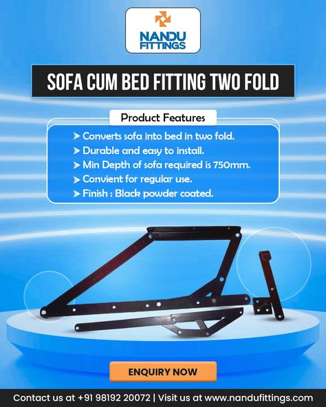 Transform Your Living Space with Sofa Cum Bed Fitting Two Fold!🛋 Upgrade your home with our space-saving sofa cum bed mechanism! Here's why you'll love it: -Made from high-grade raw materials for durability 🌟 -Effortlessly switch between sofa and bed🛠 -Built to last and simple to set up🔧 -750mm, ideal for small spaces🛋 -Sleek and stylish design 🎨 Contact us today at +91 98192 20072 or visit www.nandufittings.com to explore more. Bed Fitting, Best Sofa Bed, Sofa Bed Mechanism, Bed Mechanism, Sofa Cum Bed, Bed Hardware, Sofa And Bed, Sofa Sets, Compact Living