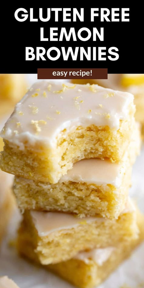 These gluten free lemon brownies are fudgy, easy to make, with a tangy lemon glaze. These dairy free friendly brownies are the perfect dessert. Gluten Free Lemon Brownies Recipe, Small Gluten Free Desserts, Whole 30 Lemon Dessert, Dairy Free Gf Dessert, Gf Lemon Brownies, Soy Free Dessert Recipes, Gluten Free Lemon Brownies, Dairy Free And Gluten Free Recipes Desserts, Vegan Lemon Brownies