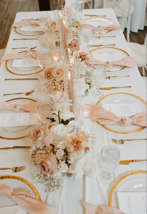 Blush wedding tablescaping Peach Wedding Decorations, Peach Wedding Theme, Blush And White Wedding, Pink Wedding Receptions, Blush Wedding Theme, Pink Wedding Decorations, Pink And White Weddings, Light Pink Wedding, Pink Wedding Theme